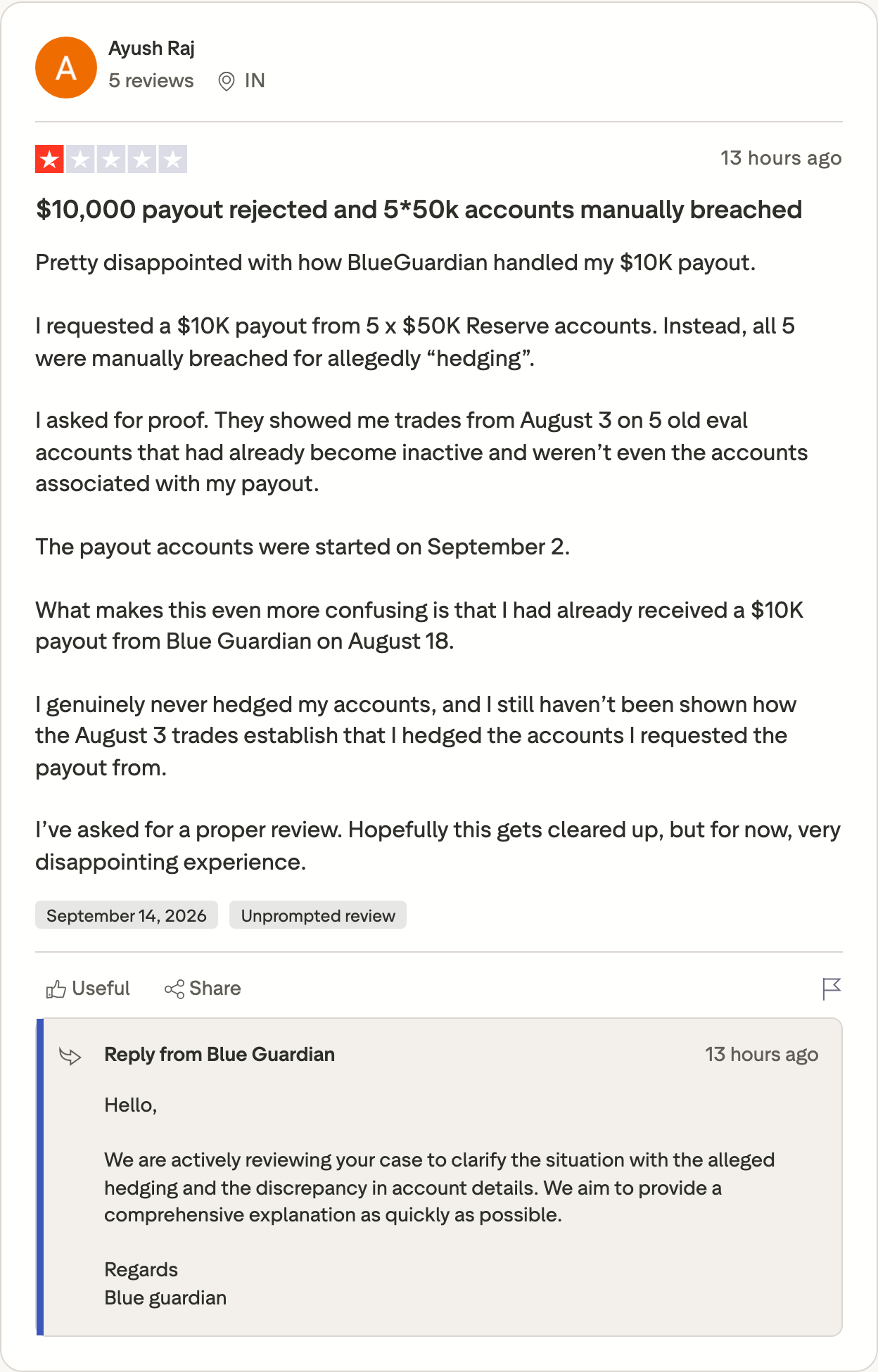 Trustpilot review + firm reply on account discrepancy