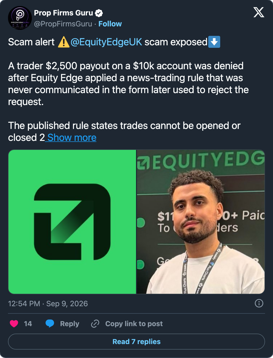 @PropFirmsGuru's post of 9 September 2026 alleging a denied $2,500 payout at Equity Edge