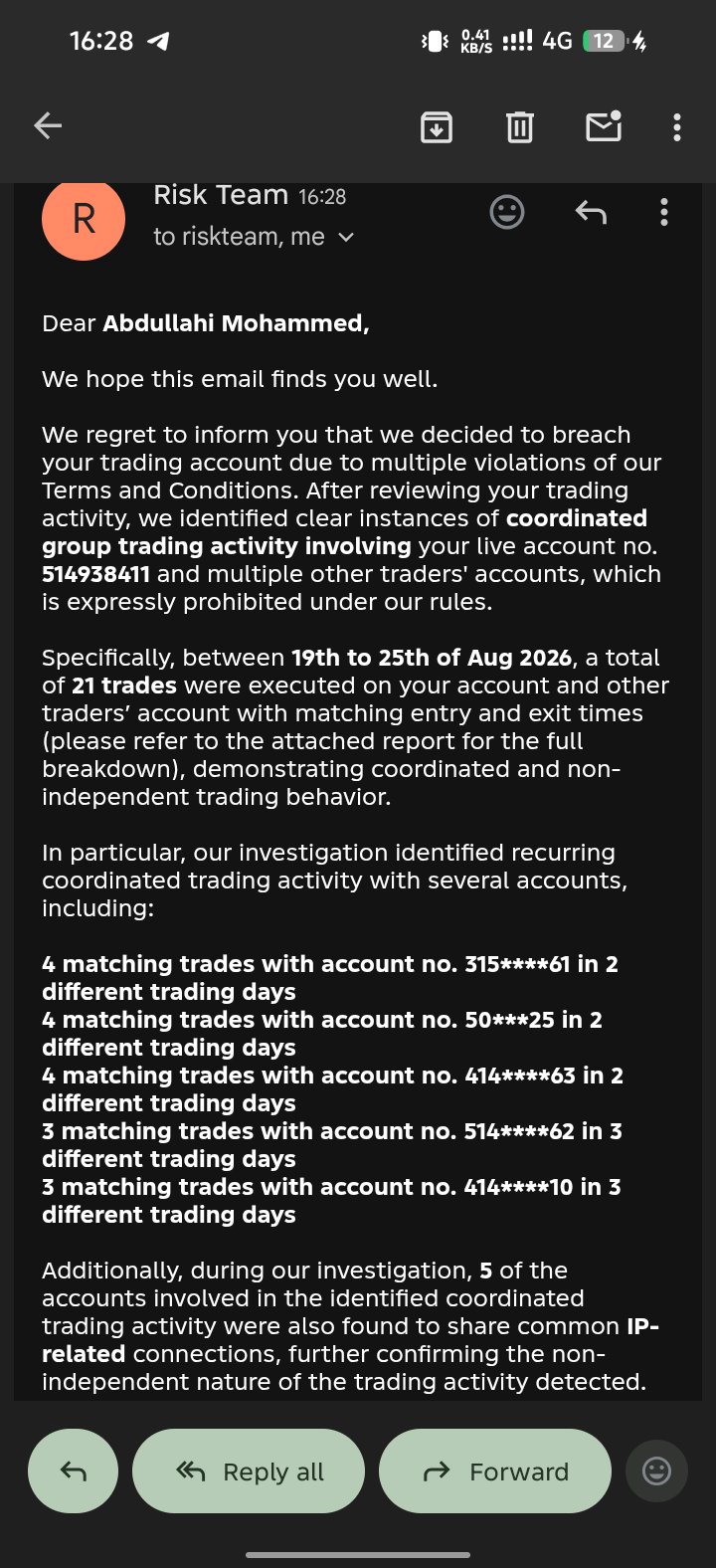 The Goat Funded Trader breach email, citing 21 matching trades across a named August window and five accounts sharing IP-related connections, with every counterparty account number masked by the firm