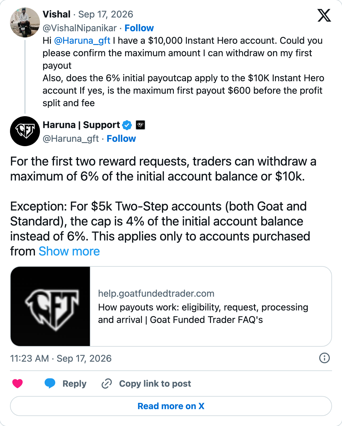 @Haruna_gft, Goat Funded Trader support, explaining the 4% exception for $5k Two-Step accounts in reply to a trader. X, 17 September 2026