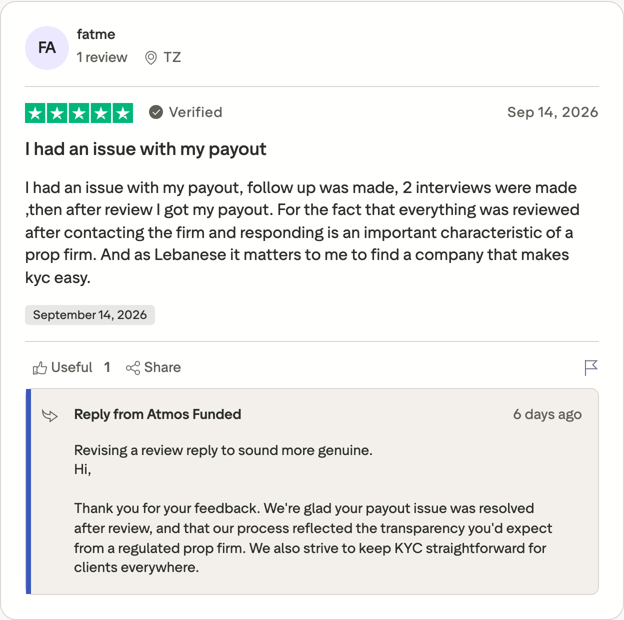 Trustpilot card: fatme's five-star Atmos Funded review of 14 September 2026, with the reply block headed Reply from Atmos Funded whose first line reads Revising a review reply to sound more genuine. Trustpilot, captured 22 September 2026