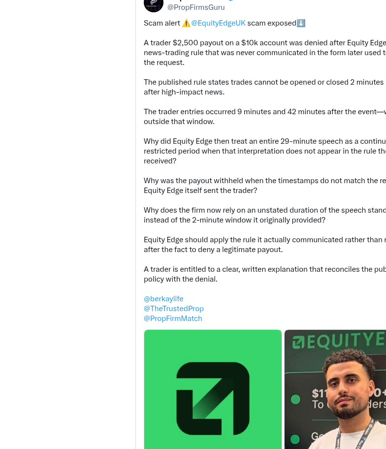 @PropFirmsGuru scam alert on Equity Edge, Sep 9, 2026, including the unavailable quoted post