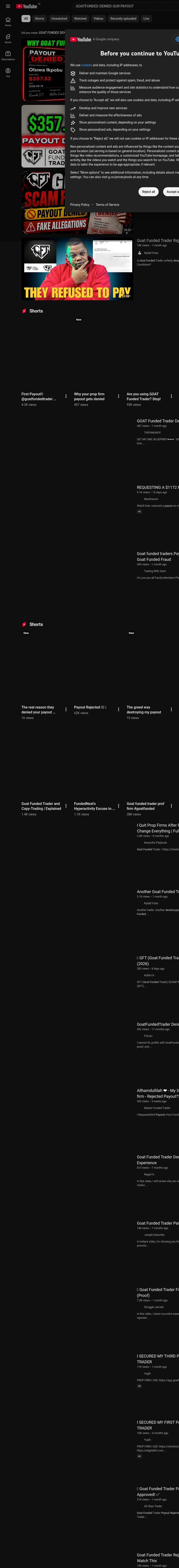 YouTube results showing a video titled GOATFUNDED DENIED OUR PAYOUT
