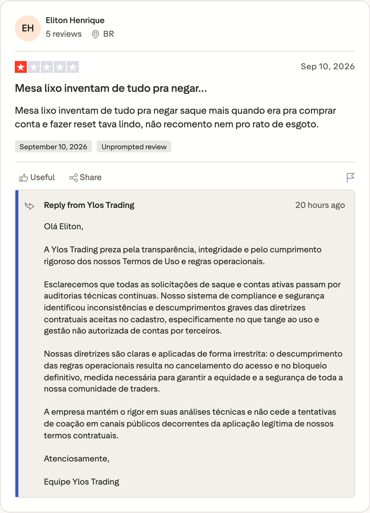 Trustpilot card: Eliton Henrique's one-star Ylos Trading review of 10 September 2026 and the firm's Portuguese reply, which opens on the greeting with no line above it. Trustpilot, captured 22 September 2026