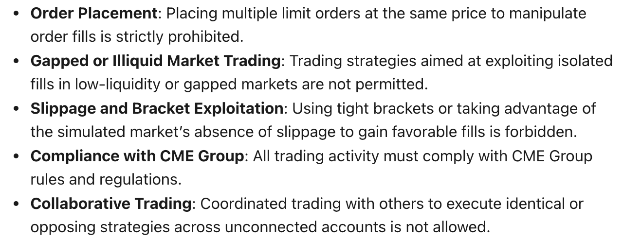 Blue Guardian Futures Prohibited Trading Strategies page, Collaborative Trading line: coordinated trading with others to execute identical or opposing strategies across unconnected accounts is not allowed. Blue Guardian Futures help centre, captured 23 September 2026