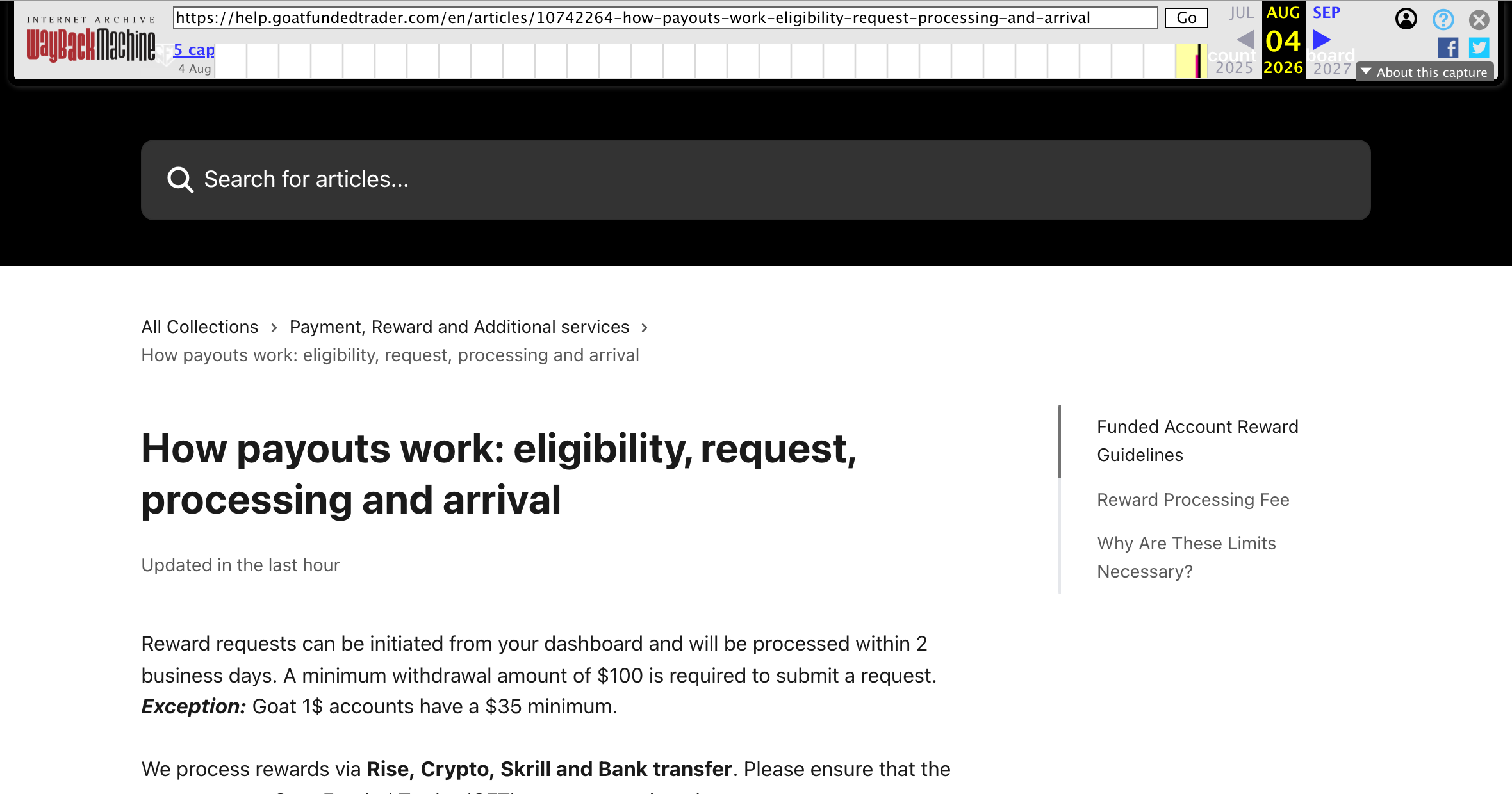 The Wayback Machine banner dated AUG 04 2026 above Goat Funded Trader's archived Payouts FAQ, titled How payouts work: eligibility, request, processing and arrival. Wayback Machine, capture of 4 August 2026