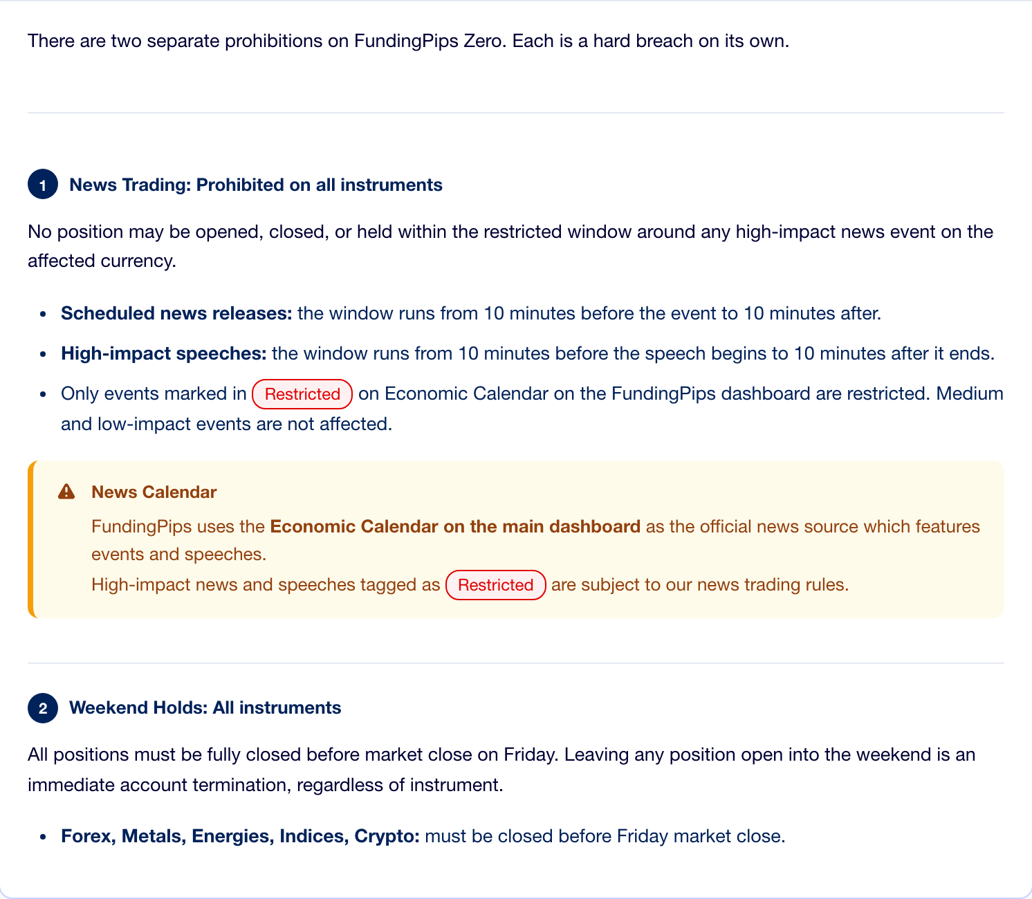 The FundingPips Zero help article: only events marked Restricted on the dashboard calendar are restricted, and medium and low-impact events are not affected. FundingPips help center, captured 21 September 2026