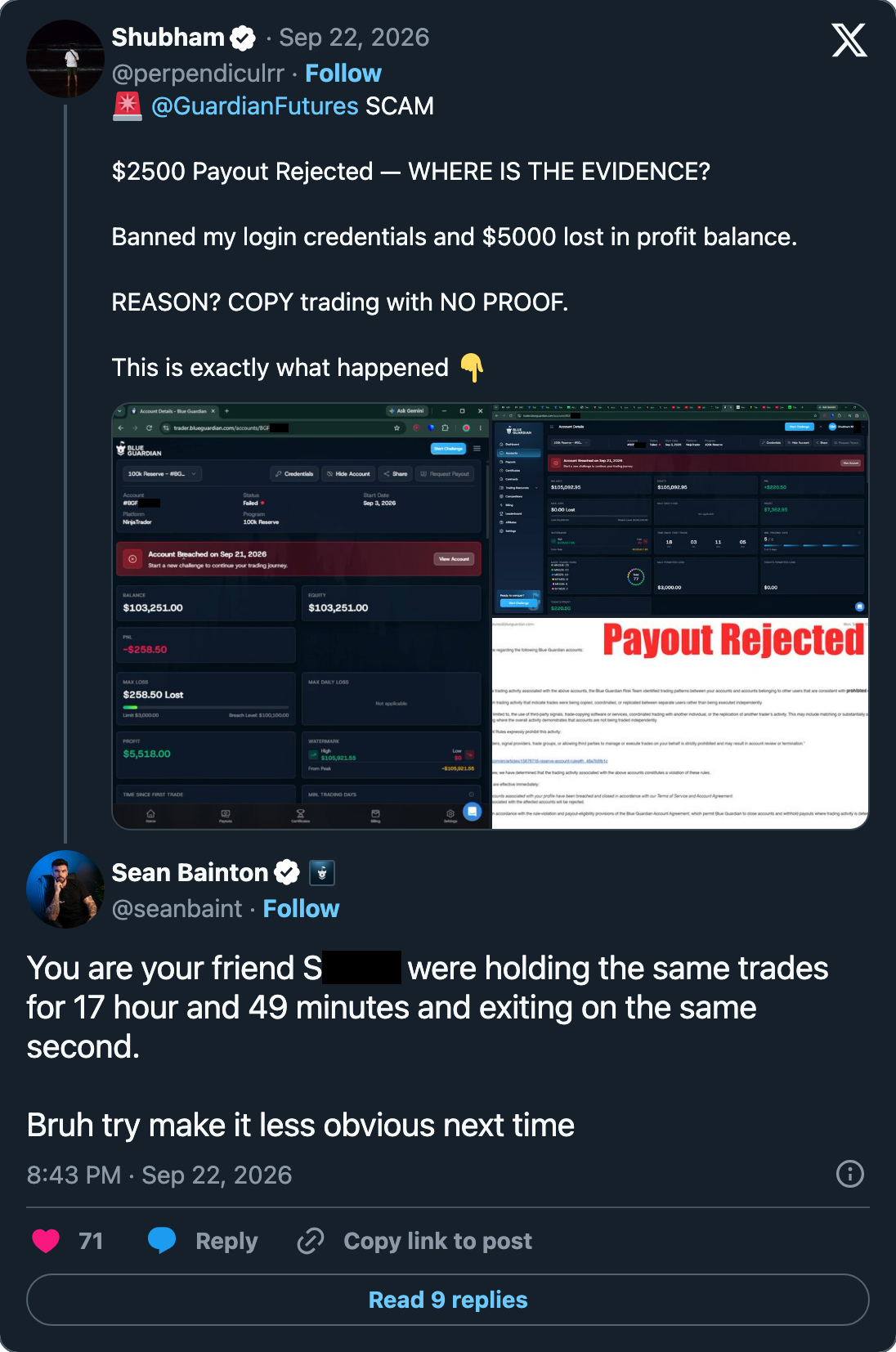 Sean Bainton's reply of 22 September 2026 under @perpendiculrr's post, the friend's name partly blacked out by FirmTiers. The post above it is the trader's, in his own words. X, 22 September 2026