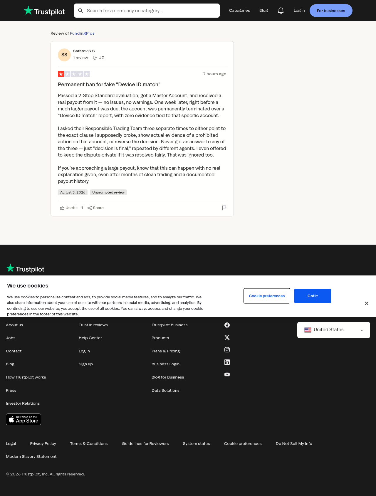 Trustpilot review dated August 20 reporting a permanent FundingPips ban over a Device ID match one week after a completed payout