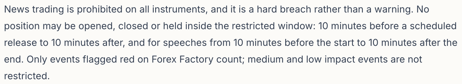 A paragraph of proptradingvibes.com's FundingPips Zero article that reads: Only events flagged red on Forex Factory count. proptradingvibes.com, captured 21 September 2026