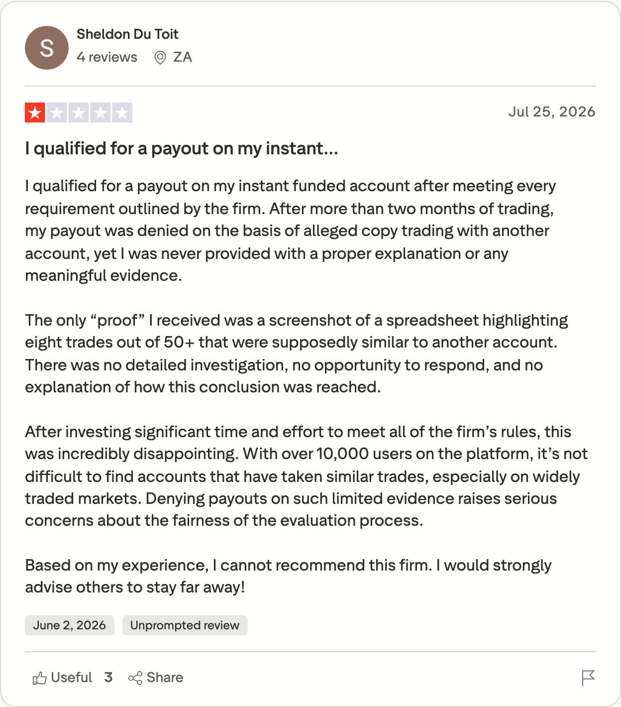 Sheldon Du Toit's one-star review of 25 July 2026: payout denied for alleged copy trading, with a spreadsheet of eight trades out of 50+ as the only proof. Trustpilot, captured 8 September 2026