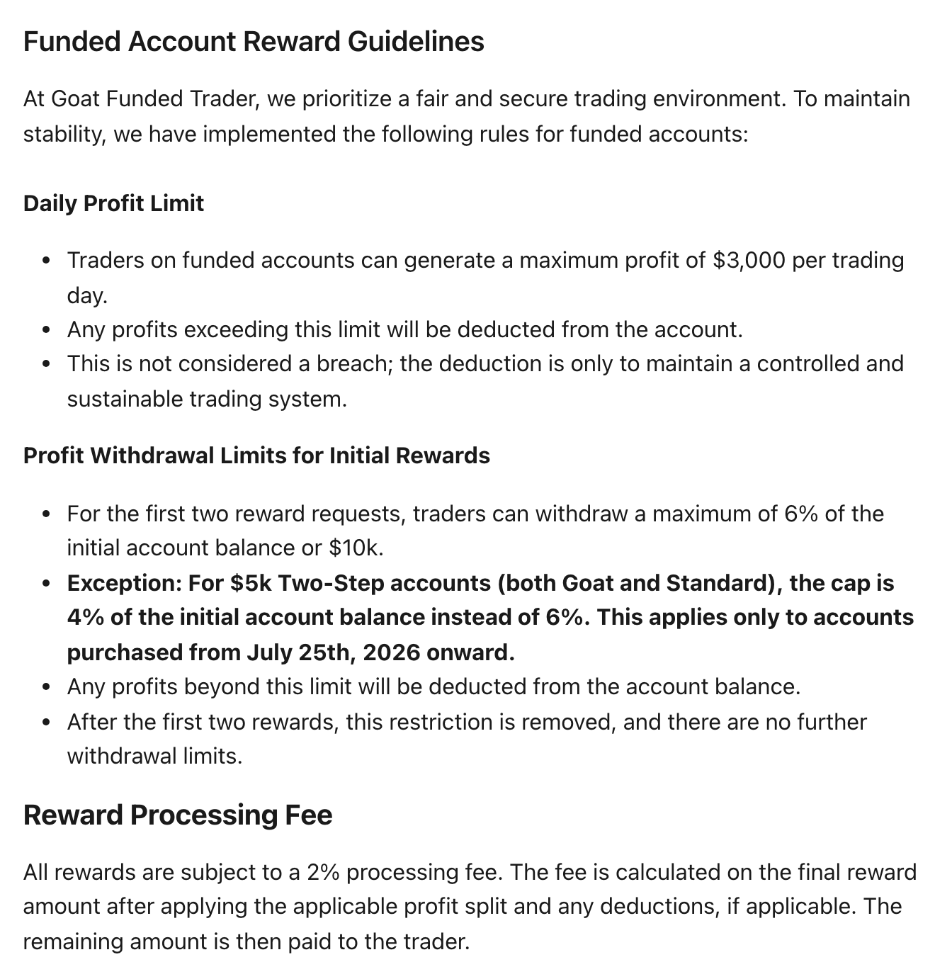 The same archived Payouts FAQ, its reward guidelines passage: the bold 4% exception for $5k Two-Step accounts purchased from July 25th, 2026, and a 2% processing fee. Wayback Machine, capture of 4 August 2026