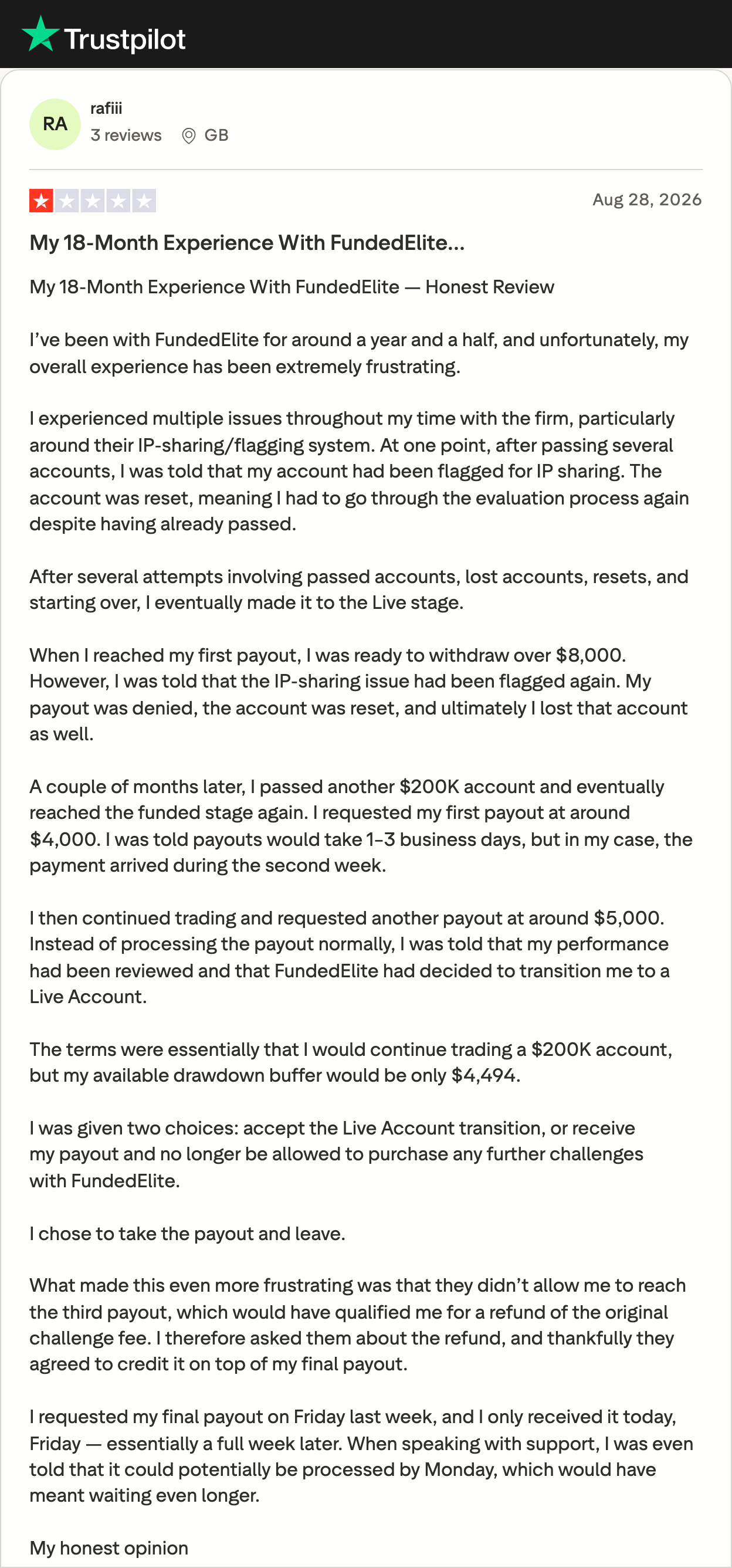 Aug 28 review: 18-month customer, IP flag at an $8,000 payout, Live Account transition offer