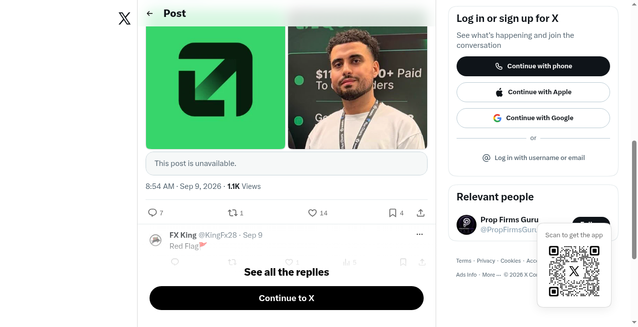 Unavailable quoted post on the PropFirmsGuru thread, with public replies stacking up