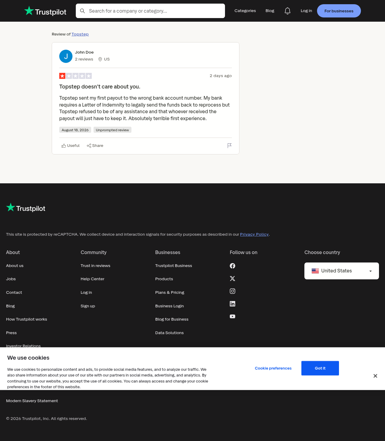 Topstep's one-star Trustpilot listing showing the August 18 to 20 review cluster