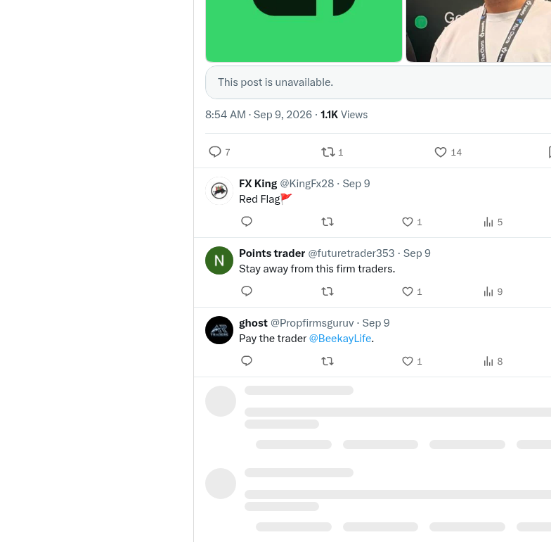"This post is unavailable" plus replies telling traders to stay away and demanding Equity Edge pay @BeekayLife