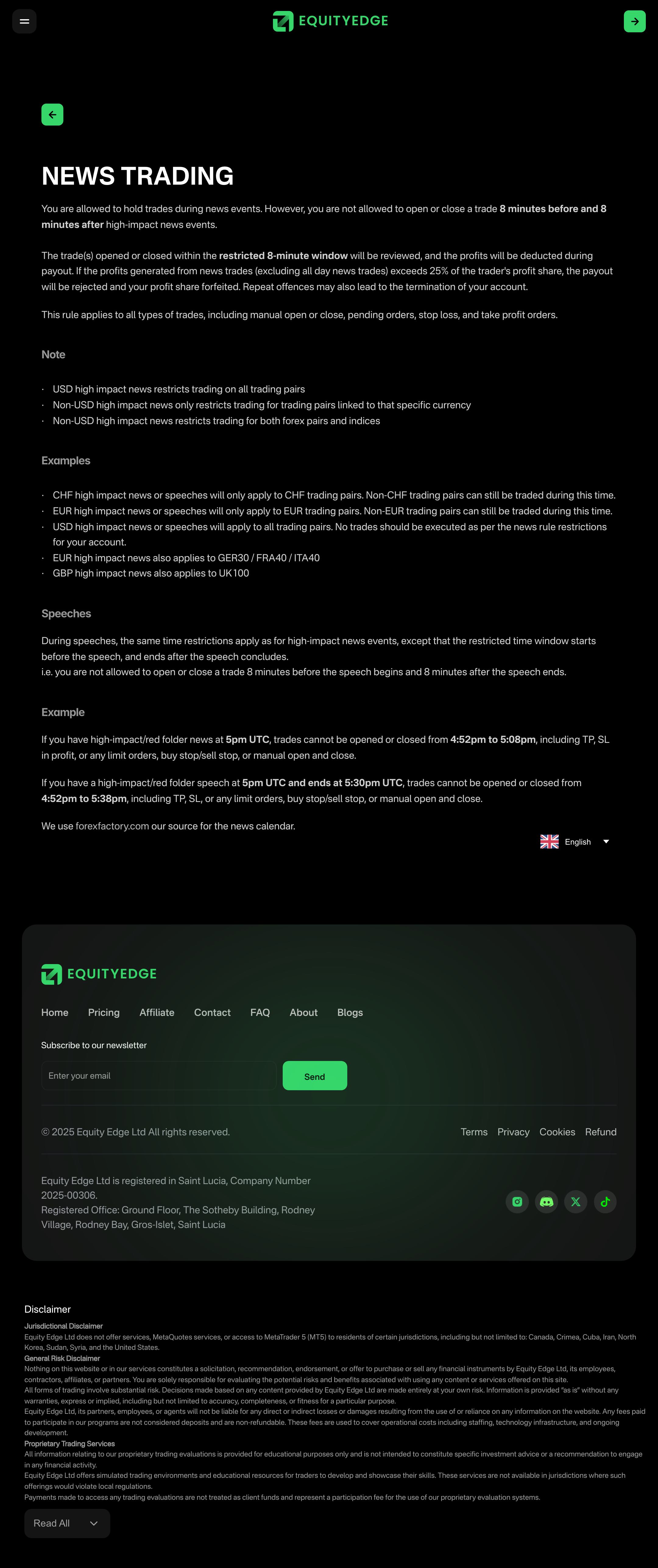 Equity Edge's Instant accounts news-trading page, publishing the speech rule and its worked example