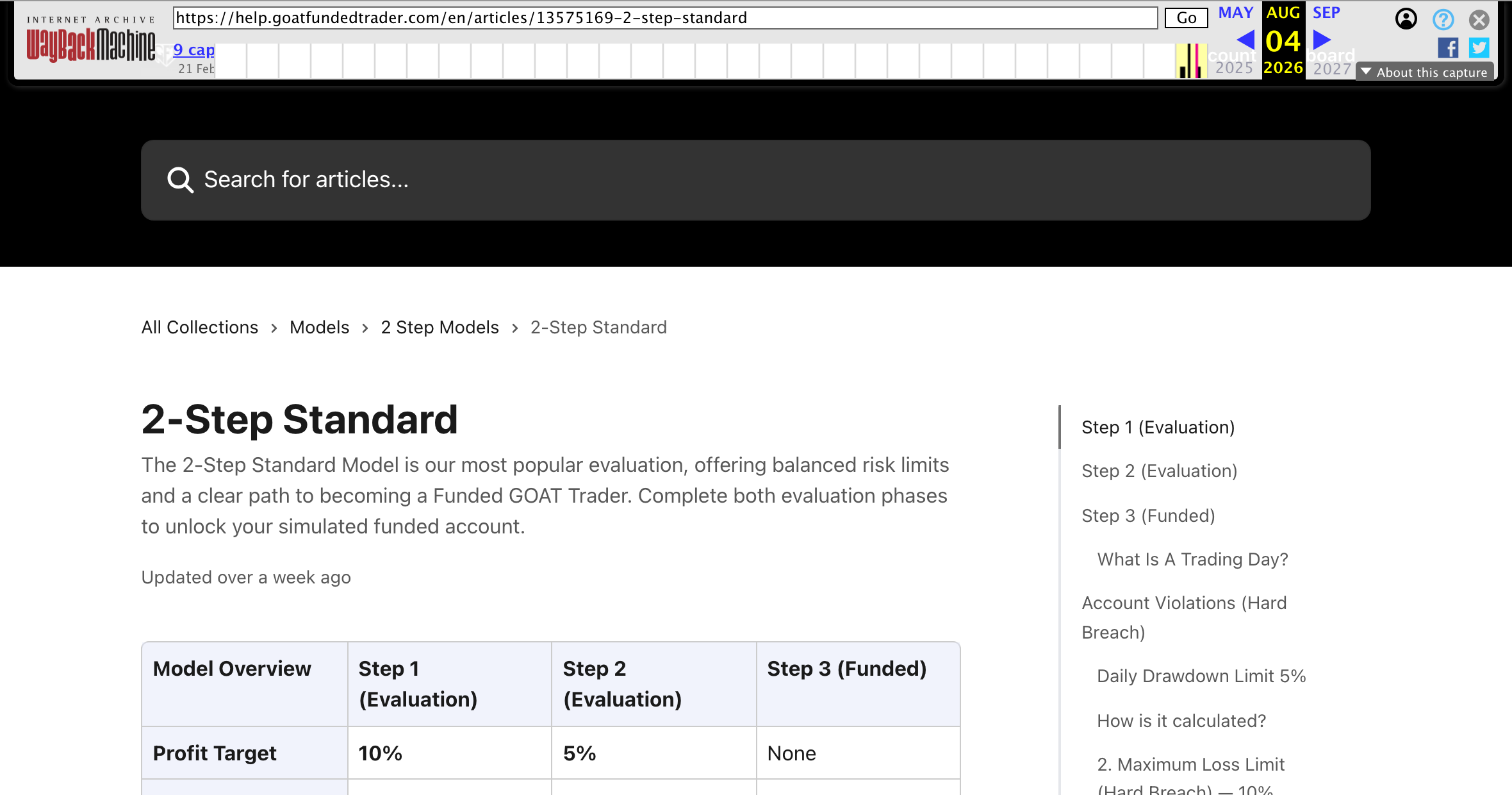 The Wayback Machine banner dated AUG 04 2026 above Goat Funded Trader's archived help page titled 2-Step Standard. Wayback Machine, capture of 4 August 2026