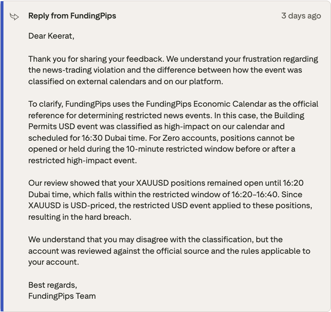 FundingPips' reply to Keerat Singh Deo's review: Building Permits classified as high-impact on its calendar, positions open until 16:20 Dubai time. Trustpilot, reply dated 18 September 2026