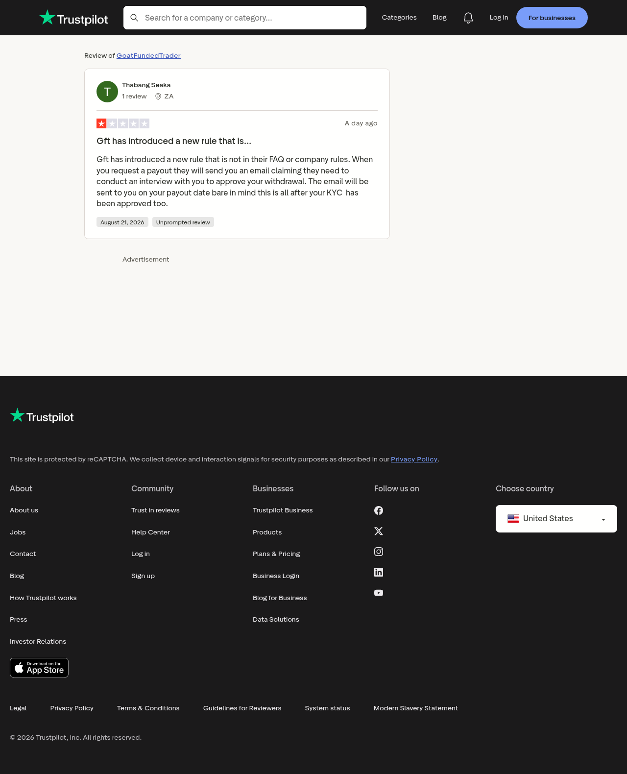 Trustpilot review describing an interview requirement for payouts