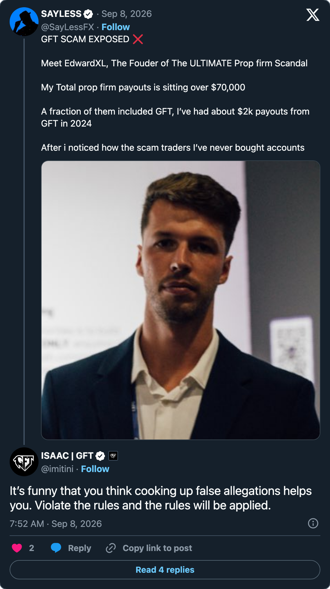 An account posting as ISAAC GFT rejecting the allegations
