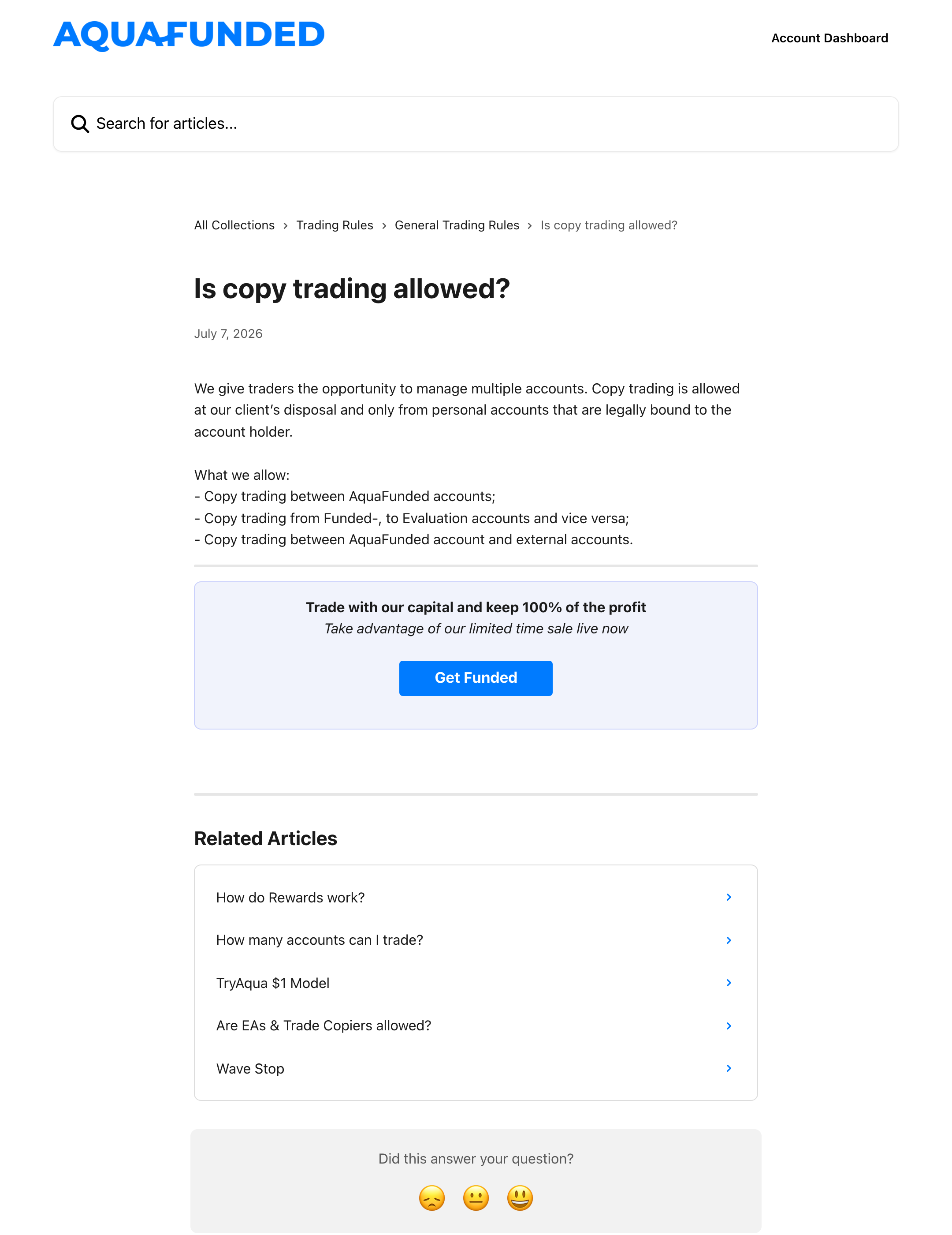 The AquaFunded help centre article Is copy trading allowed?, dated July 7, 2026, with the three permitted kinds of copy trading. help.aquafunded.com, captured 8 September 2026