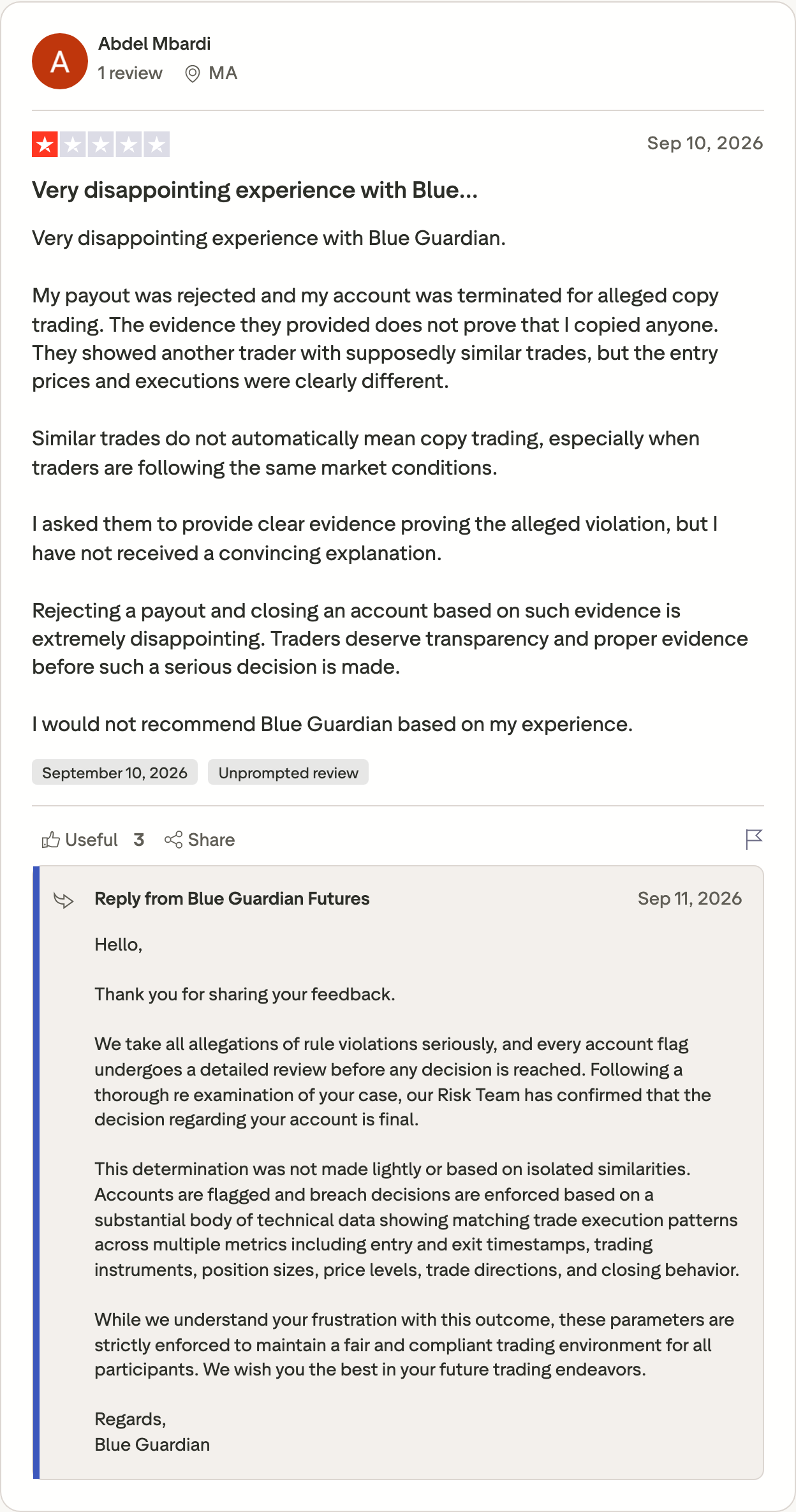 Abdel Mbardi's one-star review of 10 September 2026, payout rejected for alleged copy trading, and Blue Guardian Futures' reply listing the metrics it matches. Trustpilot, reply dated 11 September 2026