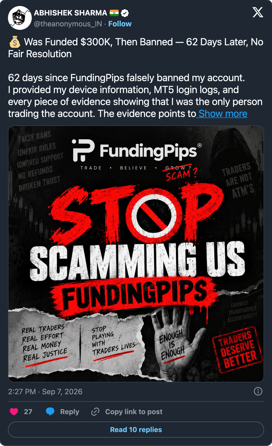 The FundingPips complaint of 7 September, with a campaign poster attached in place of the logs it describes