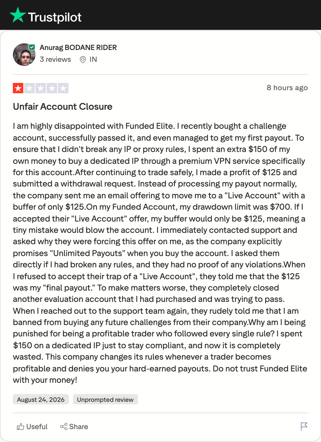 Sep 5 review: dedicated VPN IP bought to comply, $125 declared final payout