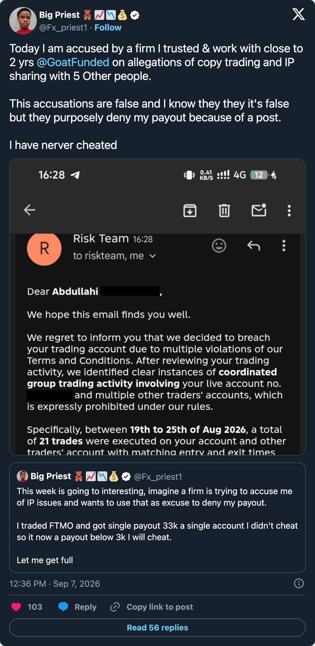 Trader's post publishing the Goat Funded Trader breach email, dated 7 September 2026