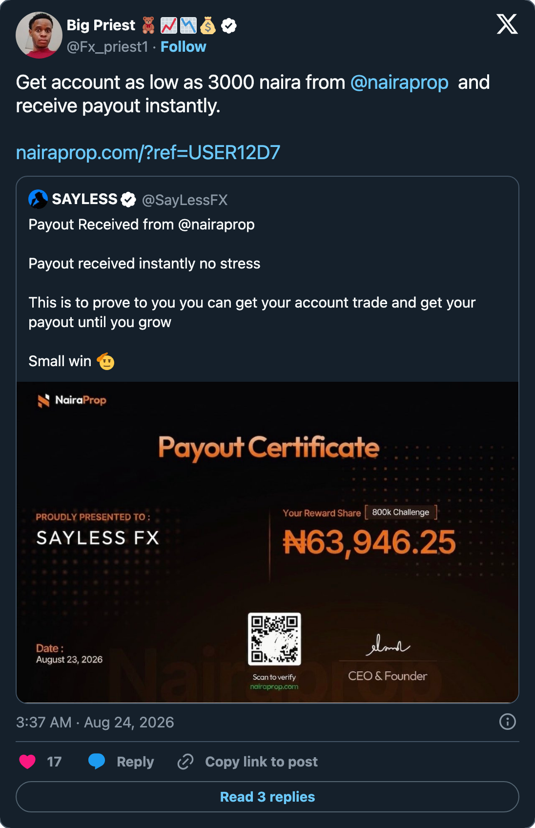 One account selling NairaProp on the strength of the other account's payout certificate, 24 August 2026
