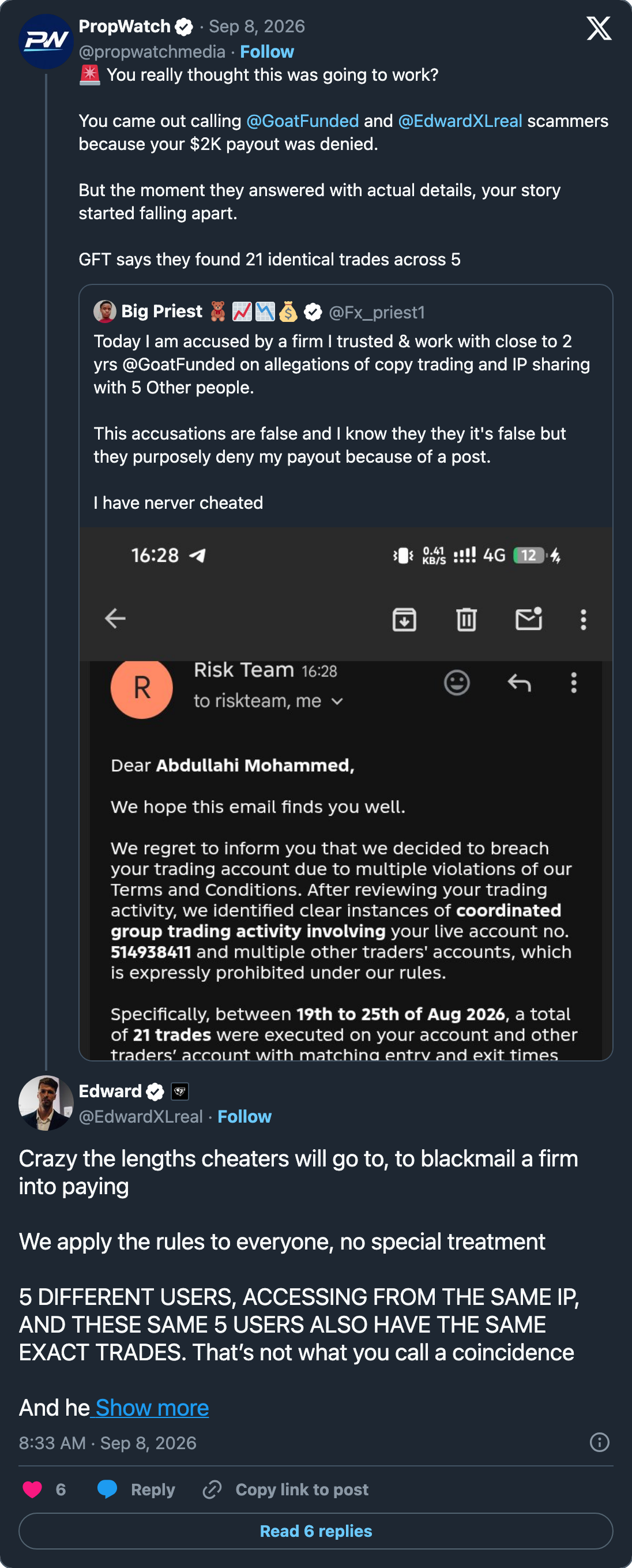 Goat Funded Trader's founder replying in public on 8 September under his own name, calling the accusers cheaters, denying any special treatment and citing five users on one IP