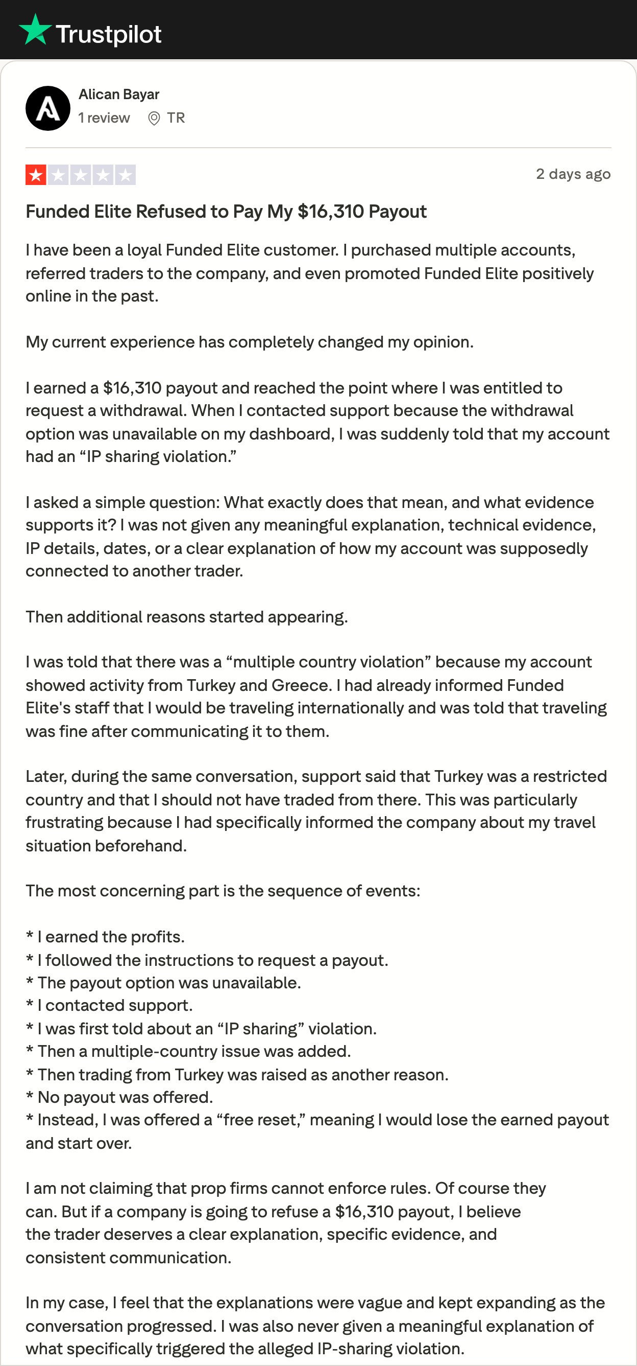 Sep 3 review: $16,310 payout refused under an IP-sharing finding, then added reasons