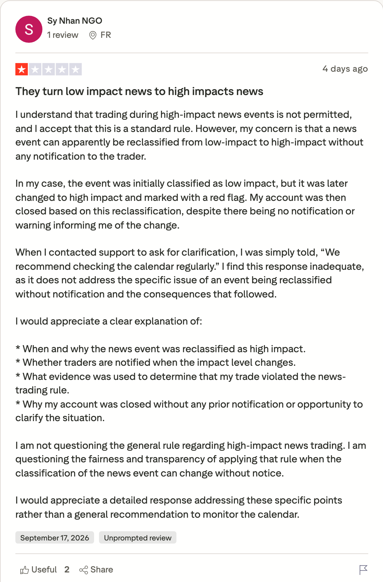 Sy Nhan NGO's review, titled They turn low impact news to high impacts news: the event was low impact, then changed to high impact with a red flag, in his words. Trustpilot, 17 September 2026