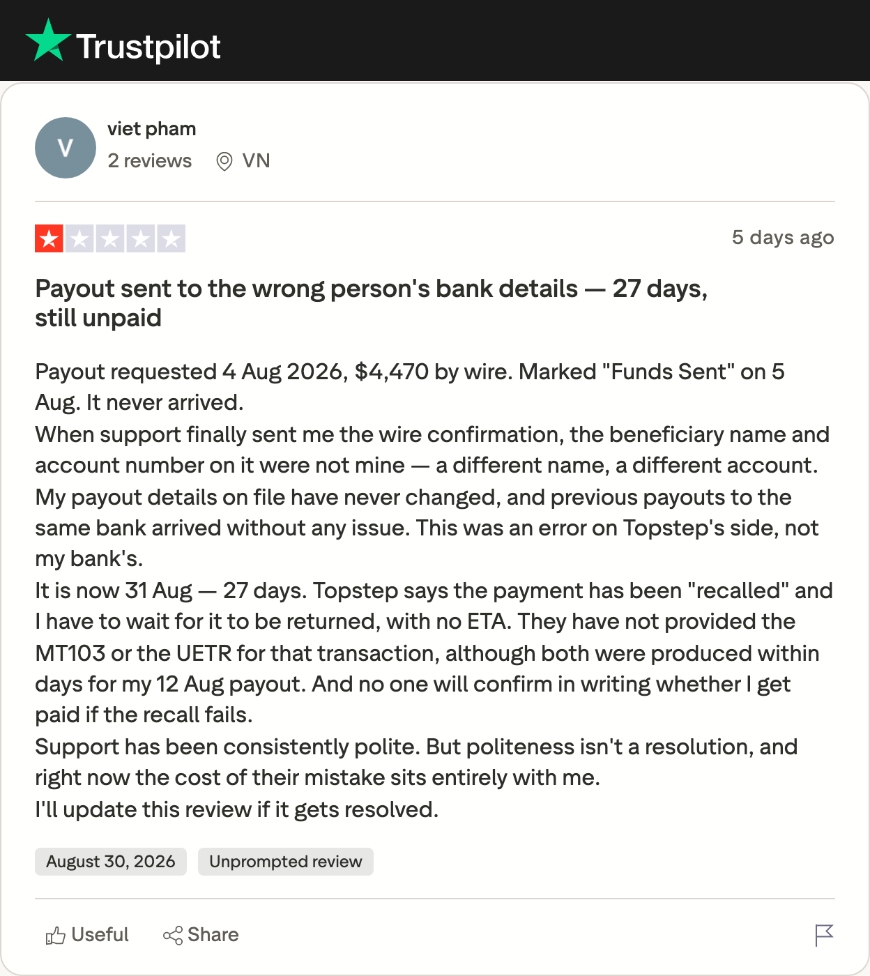 Aug 31 review: $4,470 payout marked Funds Sent, wire confirmation names a different beneficiary