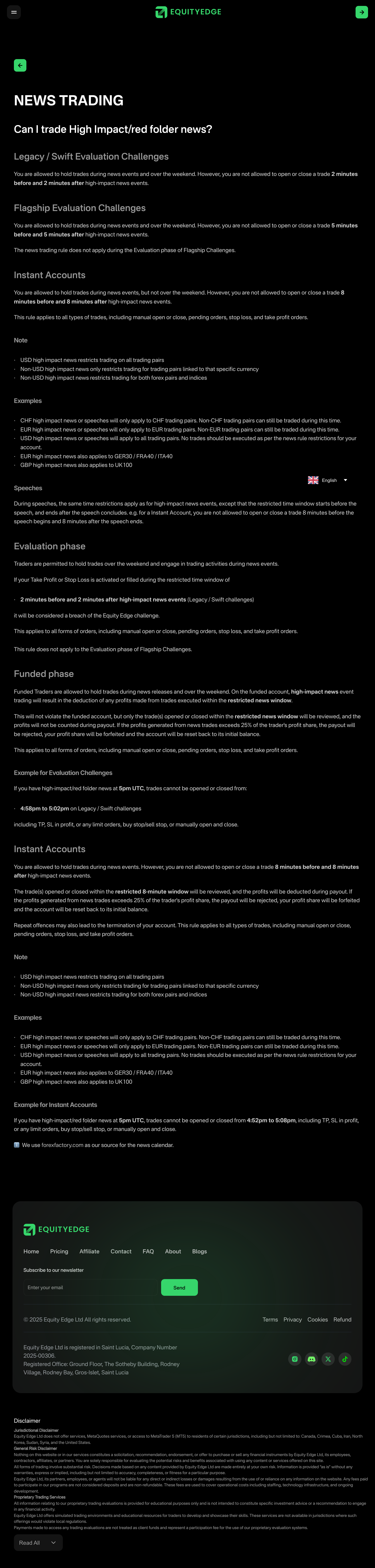 Equity Edge's challenge news-trading page, carrying the 2, 5 and 8 minute windows and the Flagship contradiction