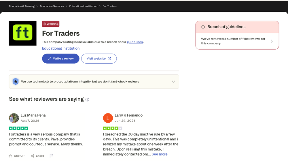 For Traders' suspended Trustpilot profile, captured August 15
