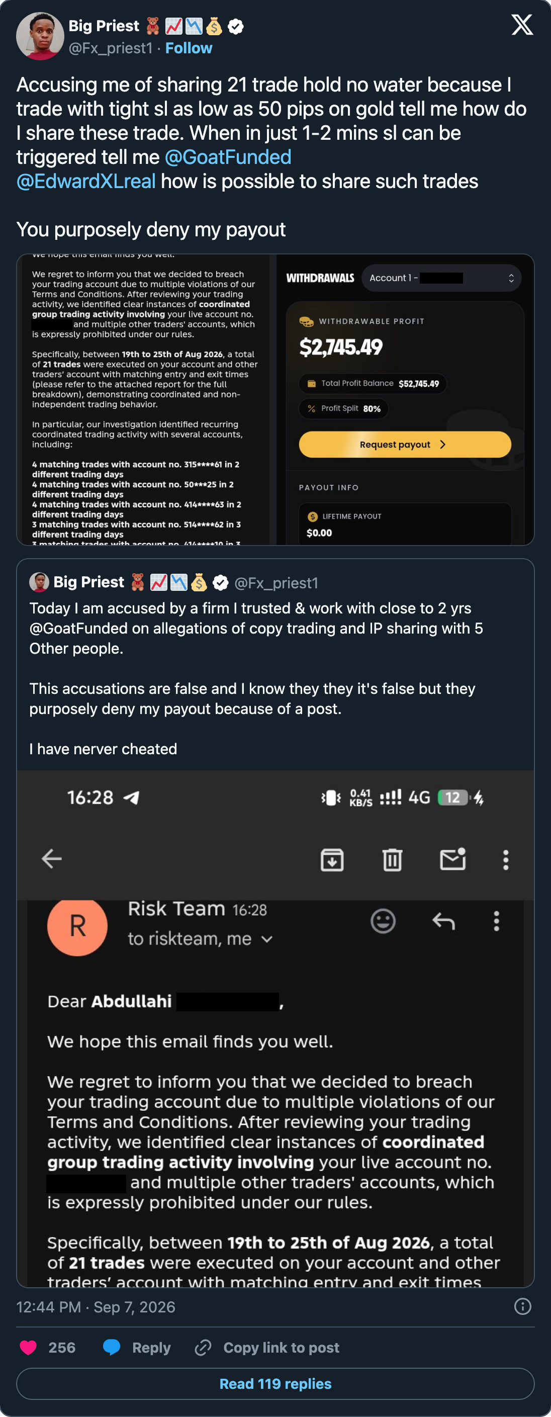 Trader's technical rebuttal alongside his withdrawal page showing $2,745.49 withdrawable