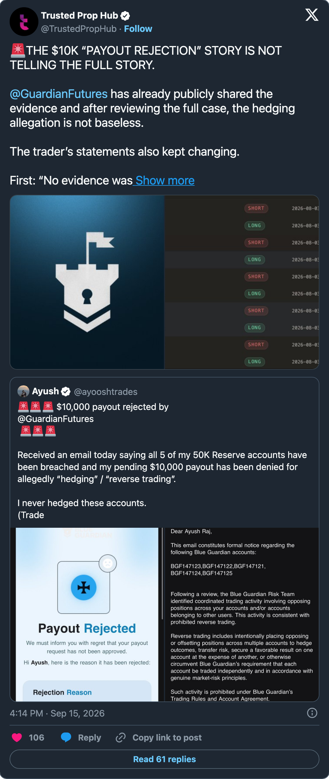 TrustedPropHub trader was hedging post