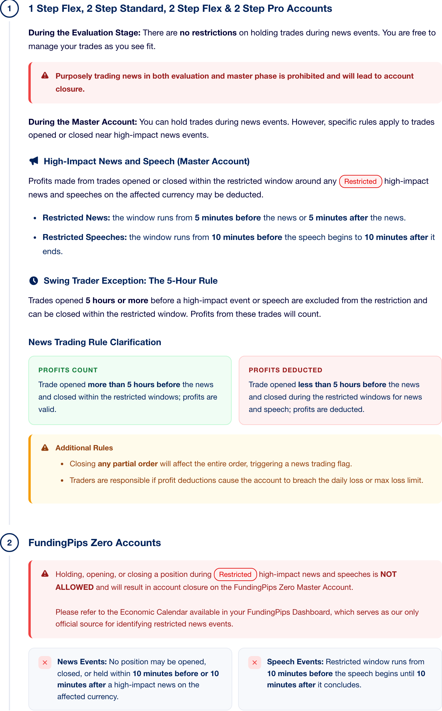 The FundingPips help center's News Trading page: a 5-minute profit deduction window for Master accounts, account closure for Zero accounts, and the dashboard calendar as the only official source. FundingPips help center, captured 21 September 2026