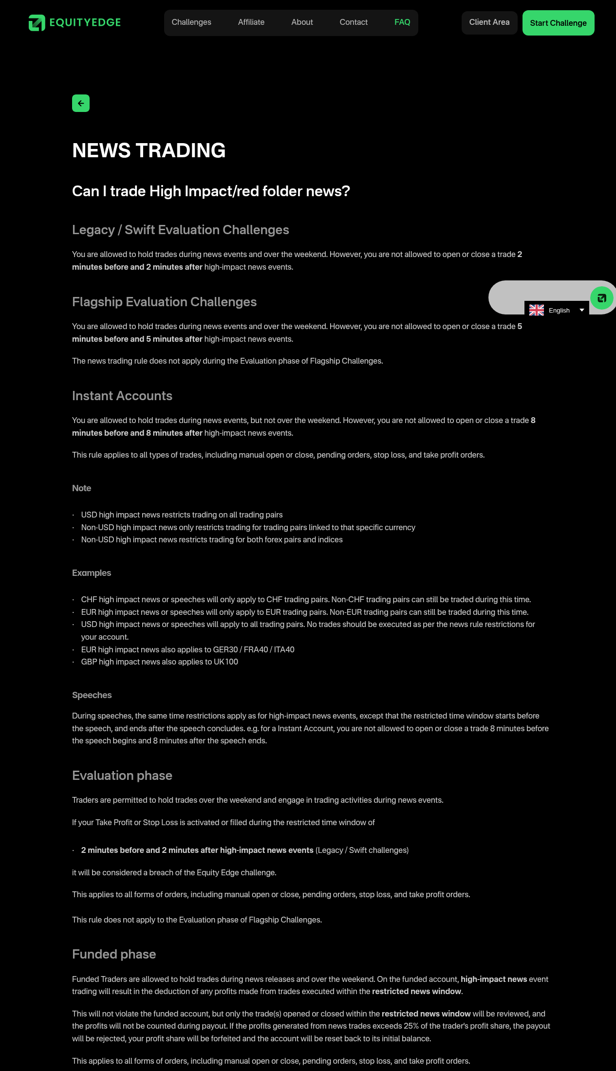 Equity Edge news-trading rules showing the Legacy/Swift 2-minute window and product-by-product restrictions