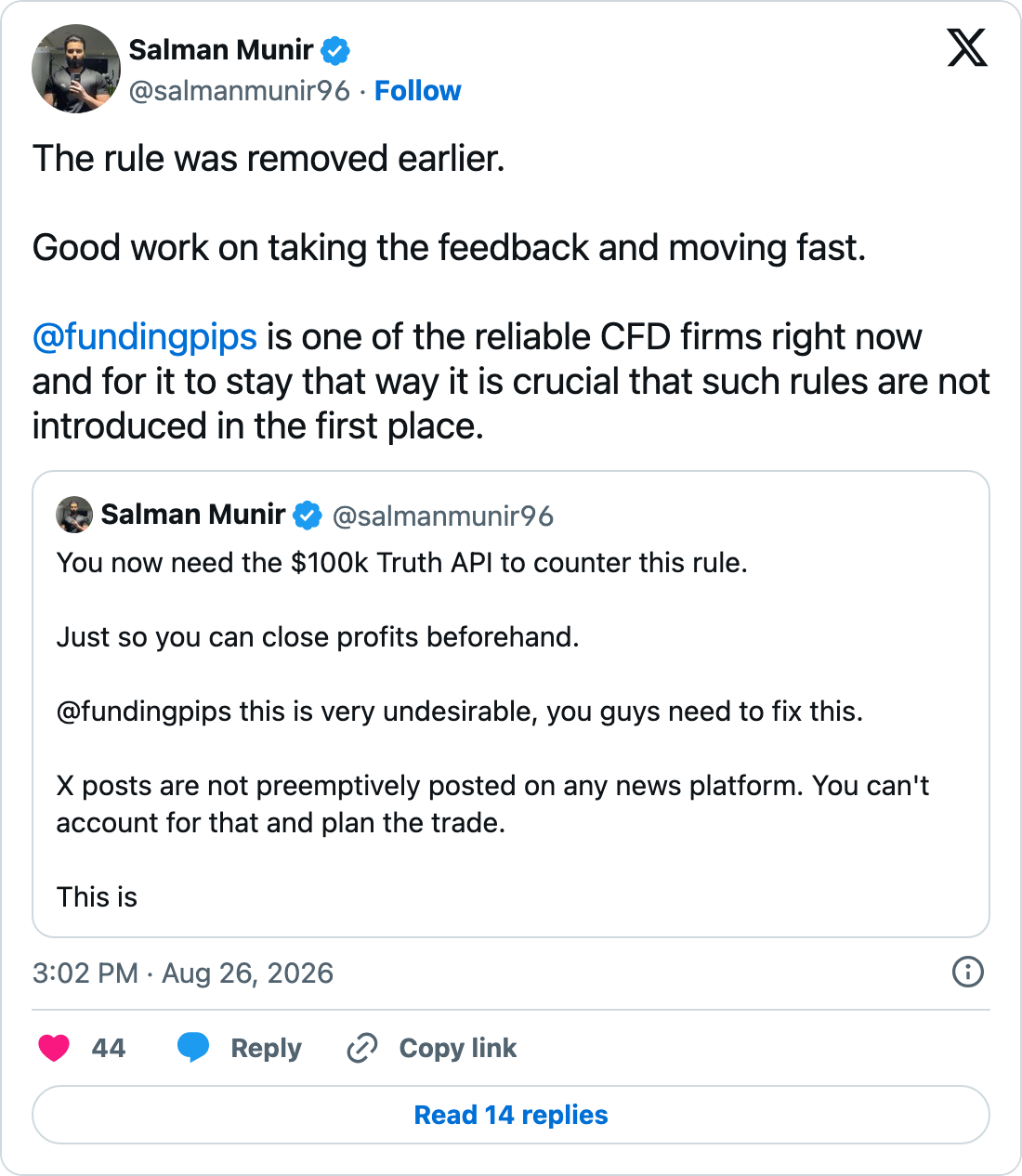 Post confirming FundingPips removed the unscheduled-news rule, quoting the author's earlier criticism of it