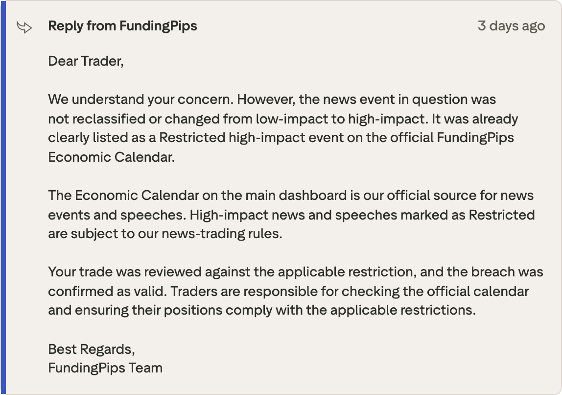 FundingPips' reply to Sy Nhan NGO's review: the event was not reclassified or changed from low-impact to high-impact, and was already listed as Restricted on its Economic Calendar. Trustpilot, reply dated 18 September 2026