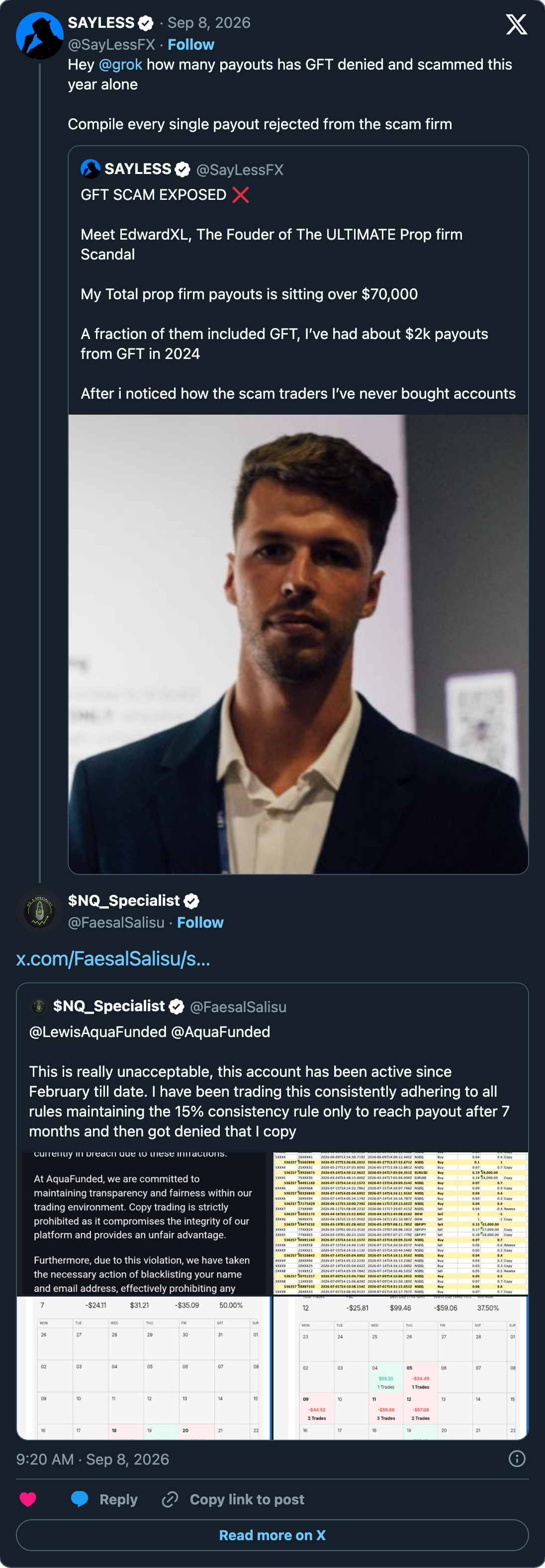 An AquaFunded trader answering the Goat Funded Trader thread with his own AquaFunded denial