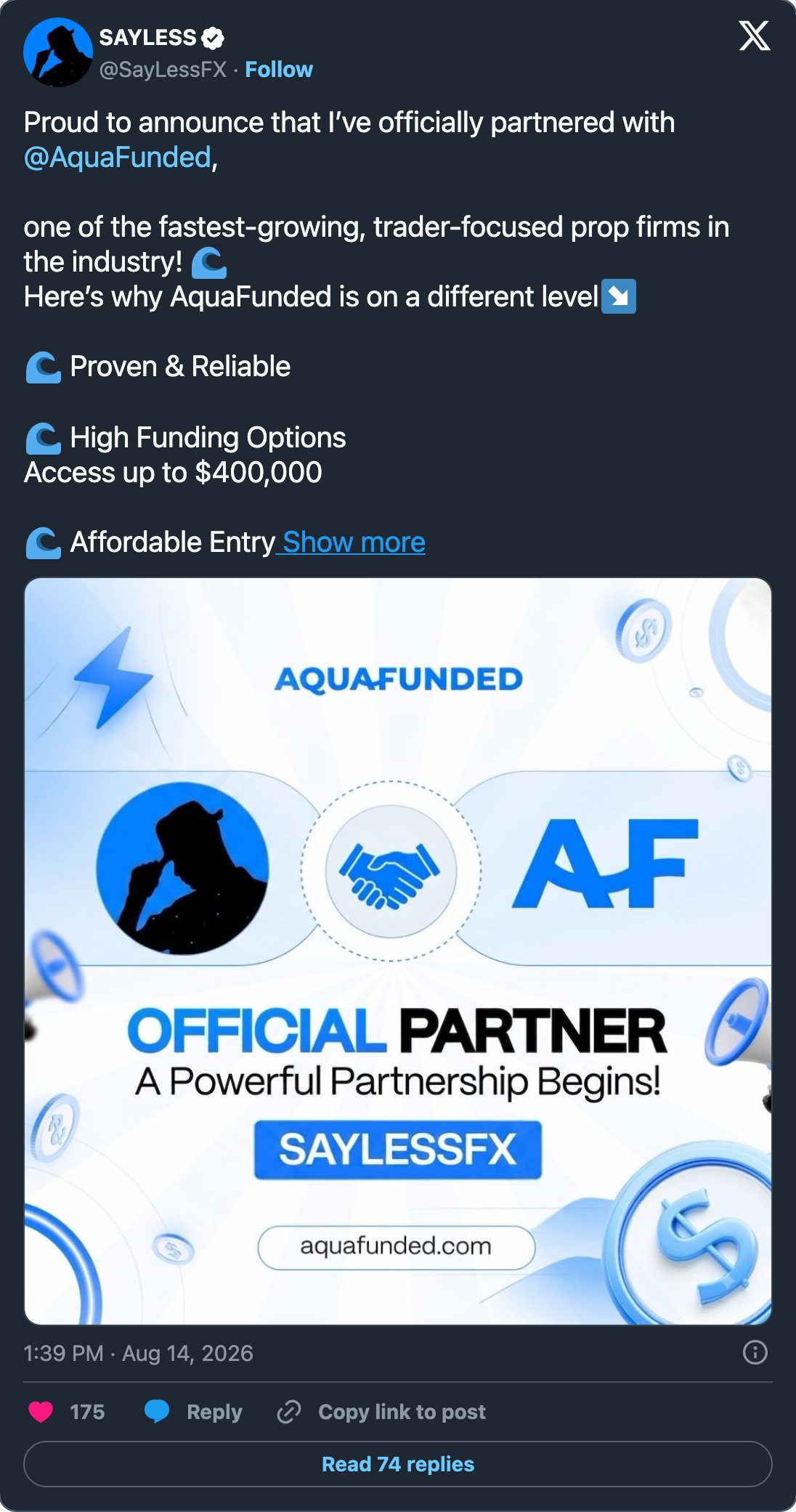 The AquaFunded partnership announcement, 14 August 2026, carrying the firm's own OFFICIAL PARTNER artwork
