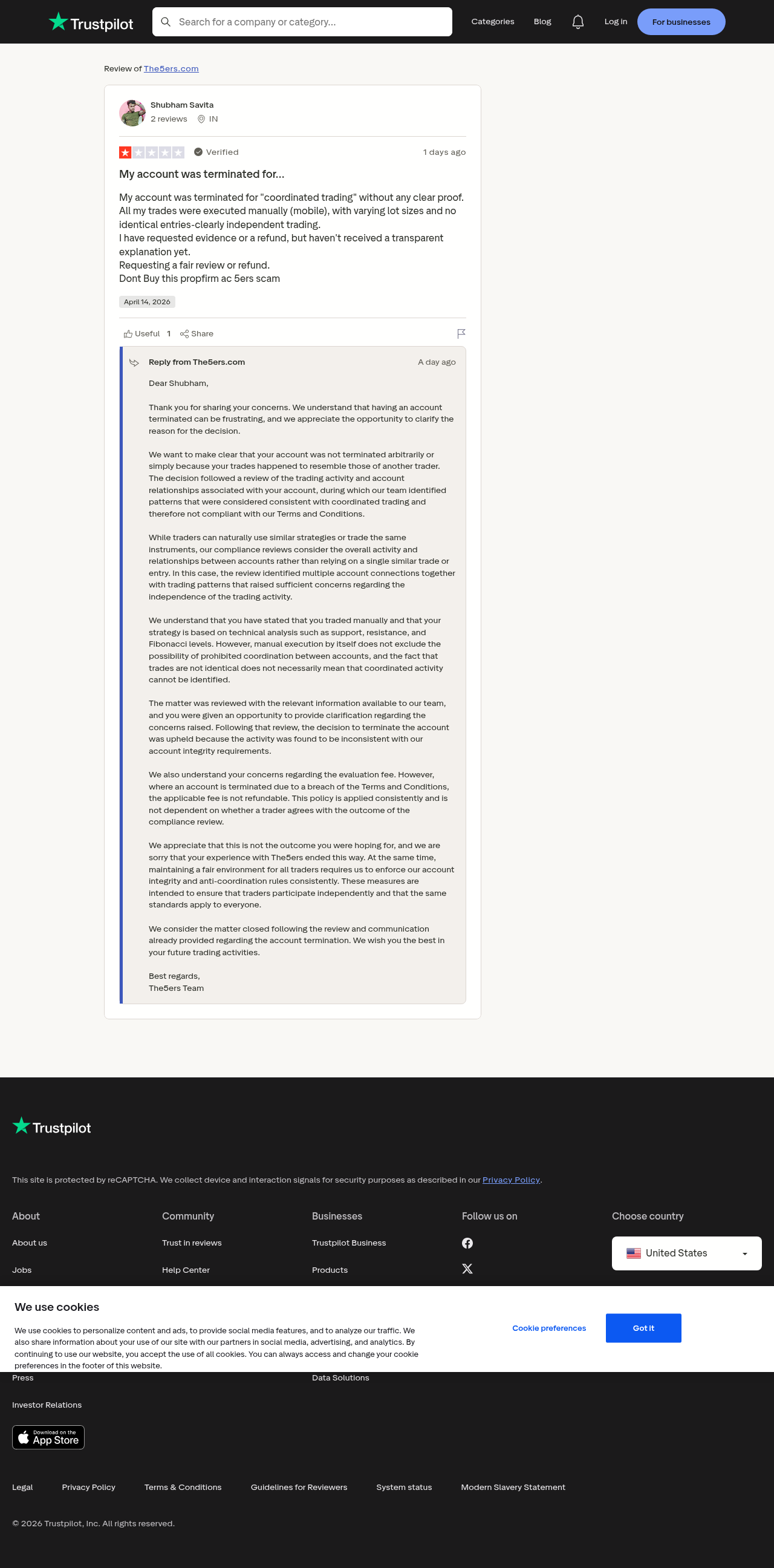 Two 1-star Trustpilot reviews accusing The5ers of wrongful coordinated trading terminations