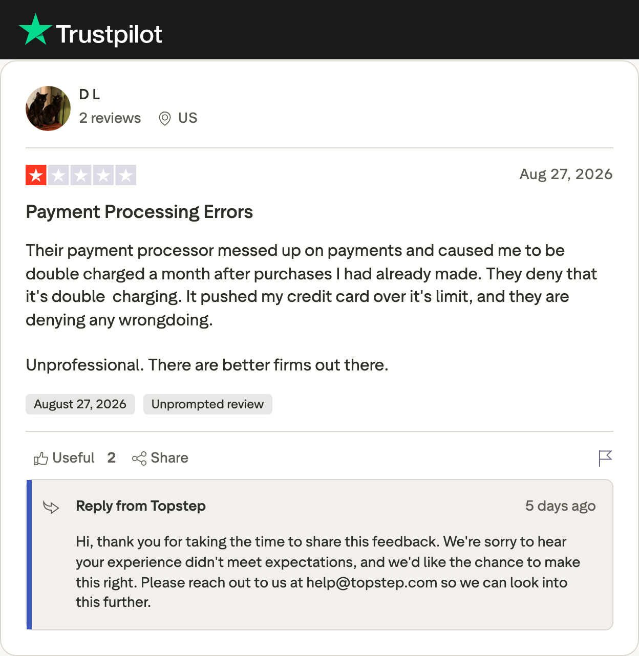Aug 27 review and firm reply: double charged a month after purchase, firm points to help@topstep.com