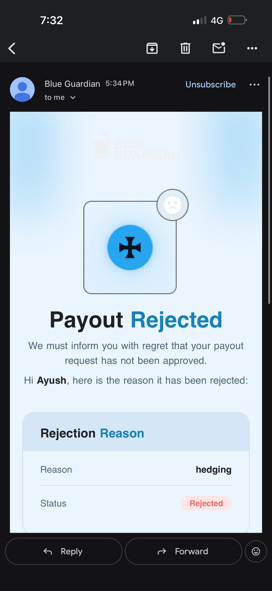Payout Rejected email (reason: hedging)
