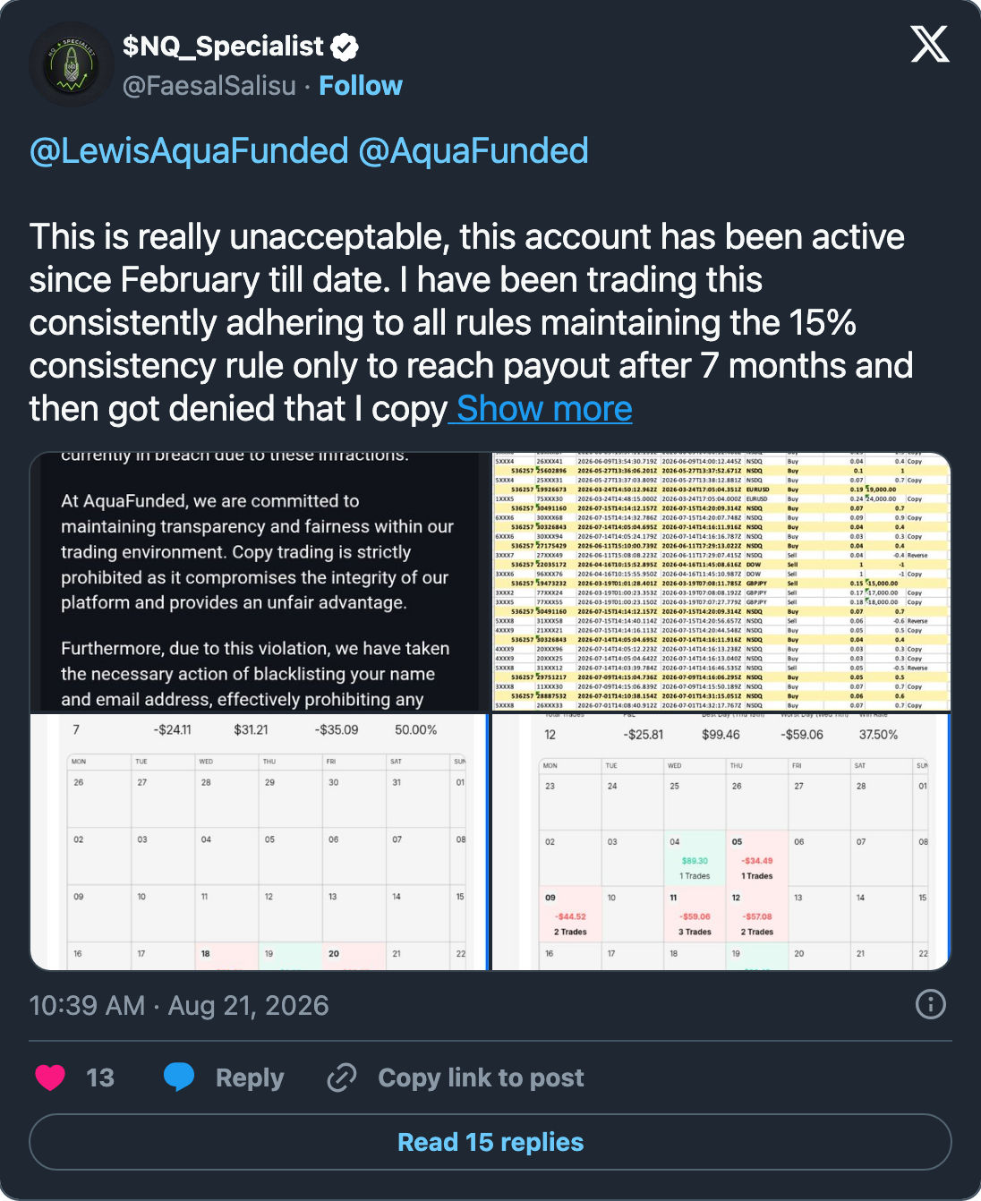 @FaesalSalisu's post of 21 August 2026 carrying the AquaFunded breach email, the trade match report and two monthly trading calendars. X, captured 8 September 2026