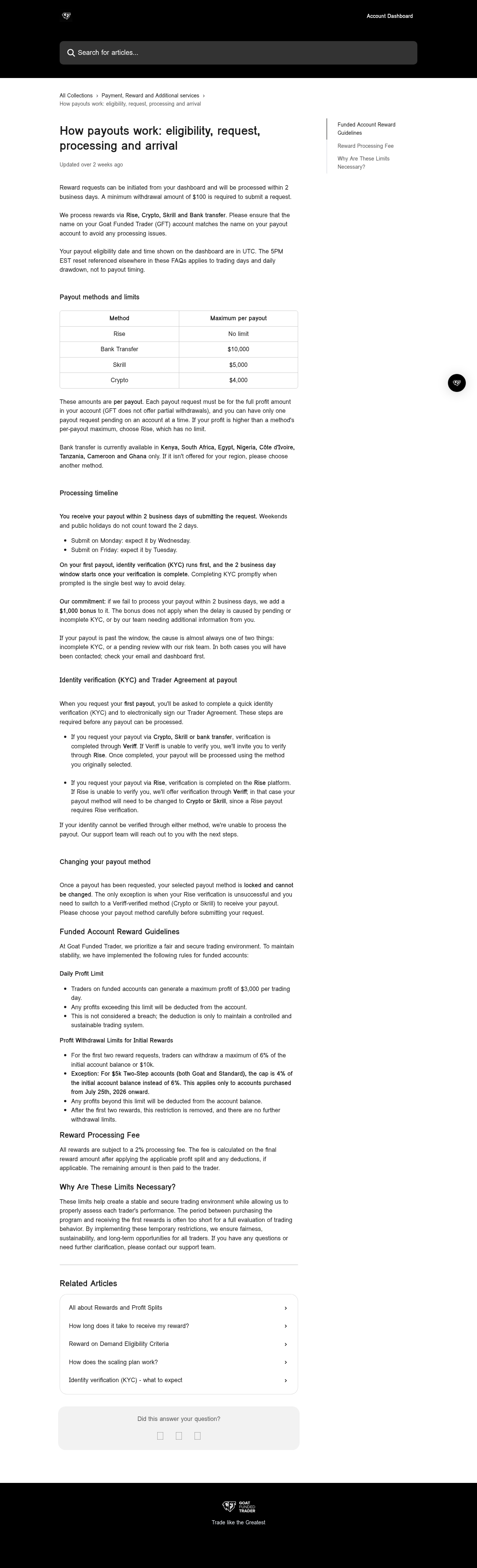 Goat Funded Trader's own payout article, which documents a two business day process and no interview step